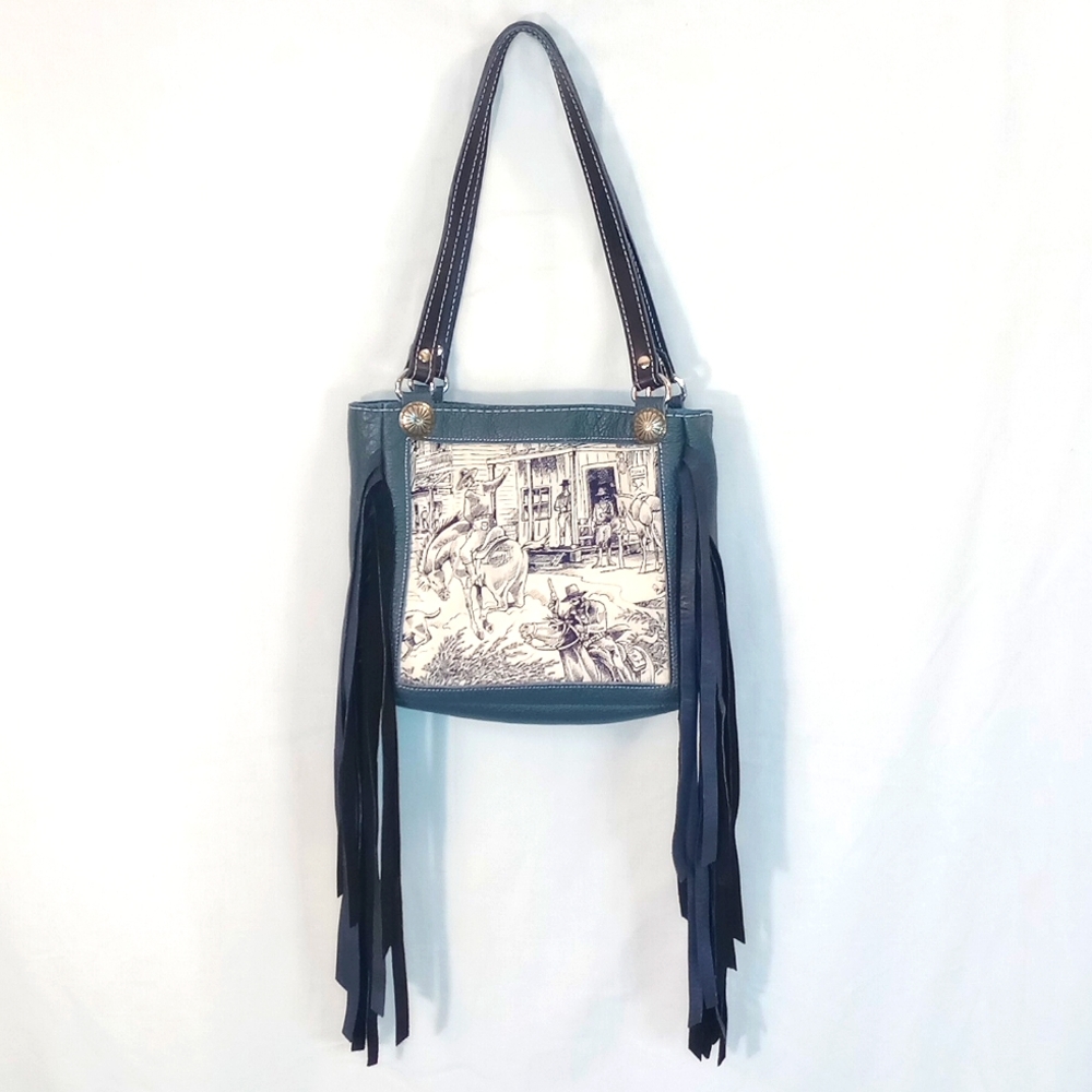 LovLeathers Forever Out West Denim Blue Leather Shoulder Bag Purse Western Horse